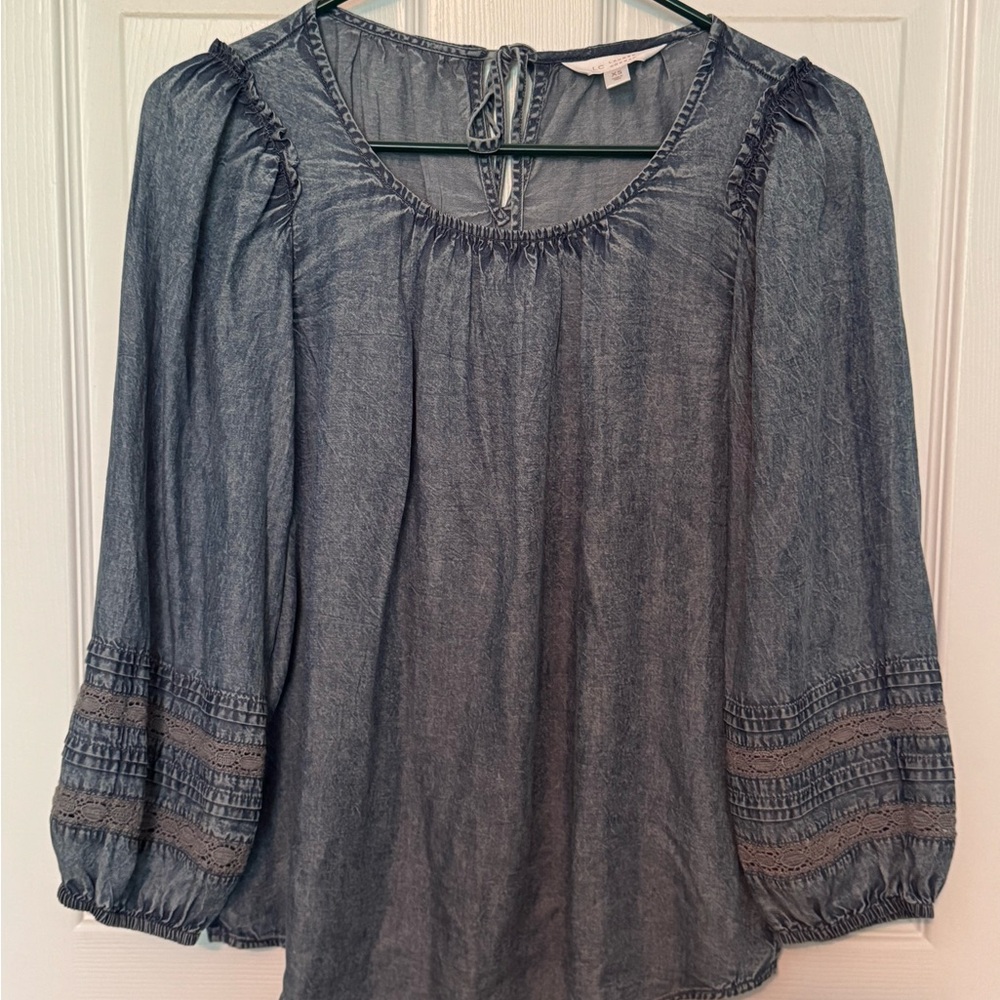 LC Lauren Conrad Denim Color Puff Sleeve Smocked Blouse